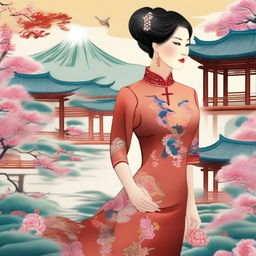 A detailed illustration of a traditional Chinese chi-pao dress with intricate embroidery and vibrant colors