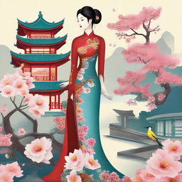 A detailed illustration of a traditional Chinese chi-pao dress with intricate embroidery and vibrant colors