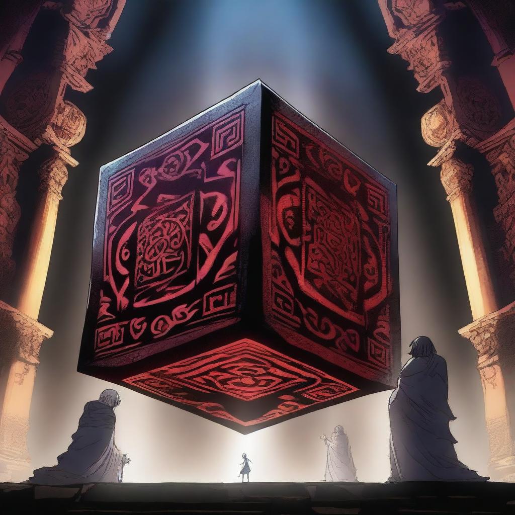 An anime scene featuring the 'Devil Cube', a mysterious and powerful artifact