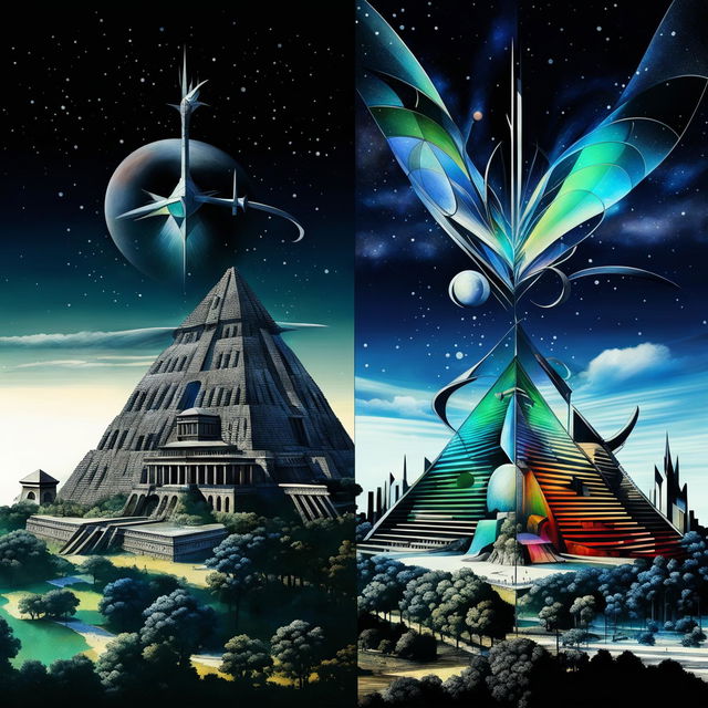 A digital art piece showing architectural evolution from ancient to futuristic, with the 'winds of change' symbolically carrying elements from each era to the next.