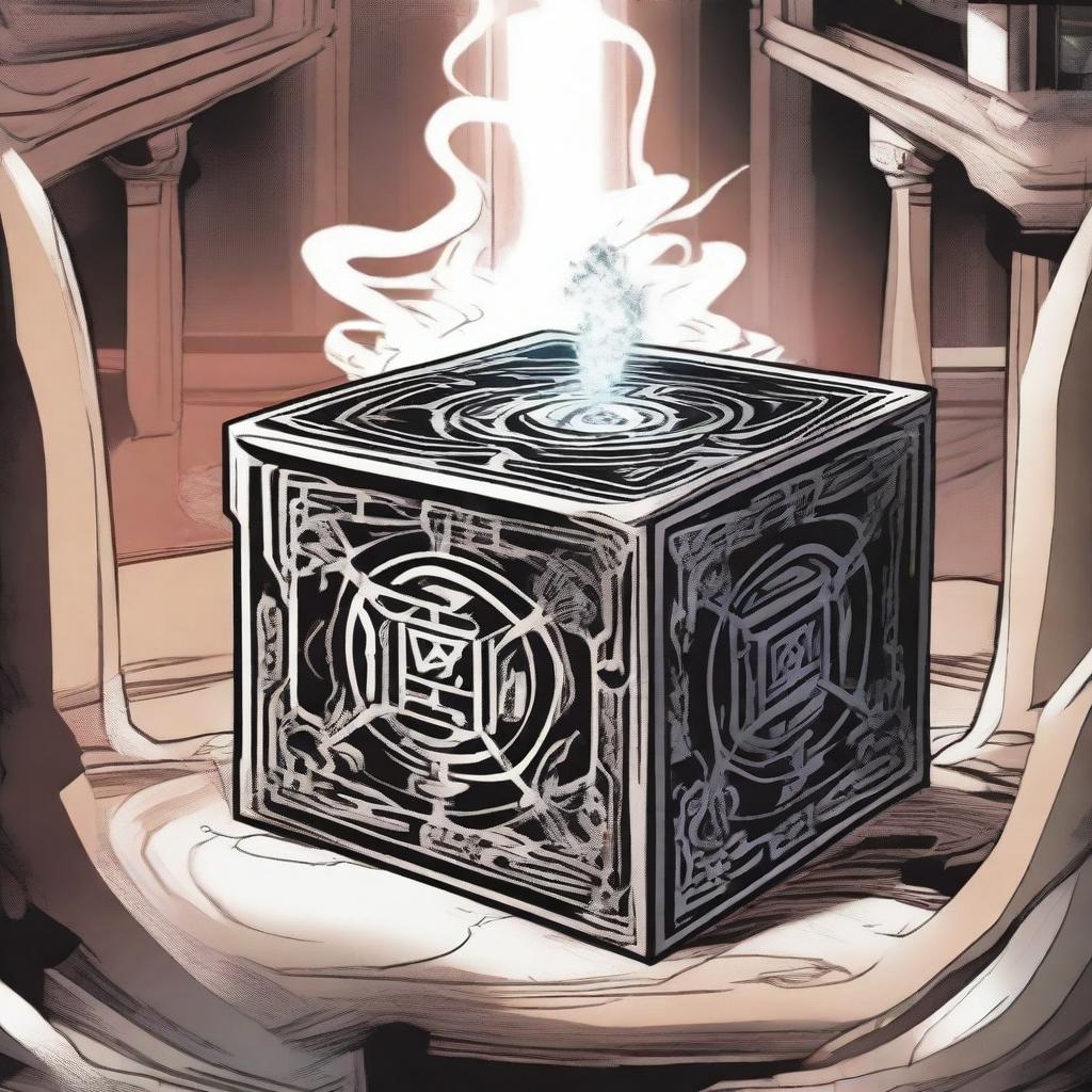 A manga-style scene featuring the 'Devil Cube', a powerful and enigmatic artifact