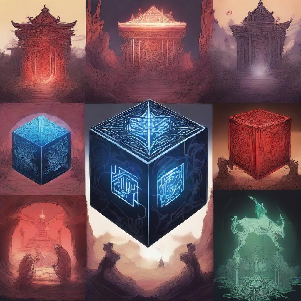 A series of anime-style images depicting the history of a devil cube