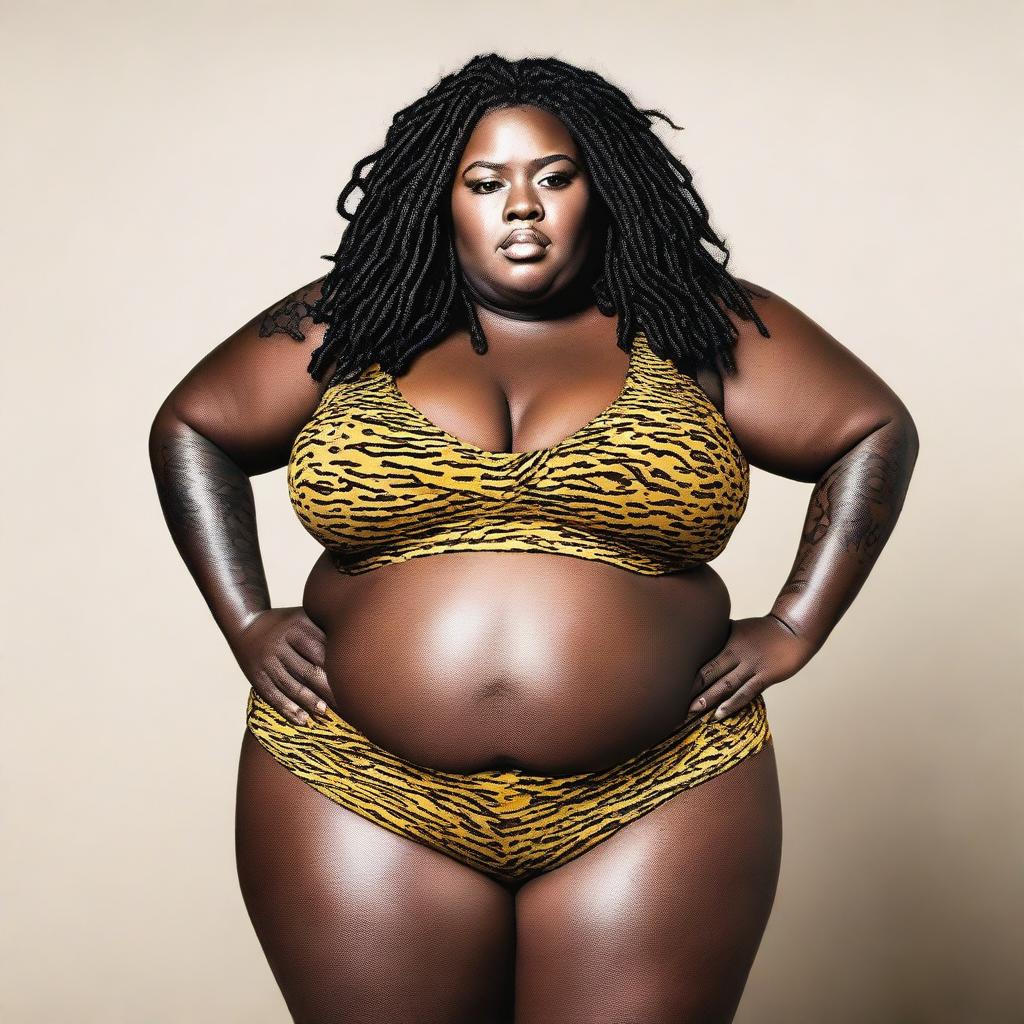 A big plus-size lady with dark skin, wearing leggings and a bikini top