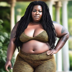 A big plus-size lady with dark skin, wearing leggings and a bikini top