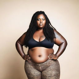 A big plus-size lady with dark skin, wearing leggings and a bikini top