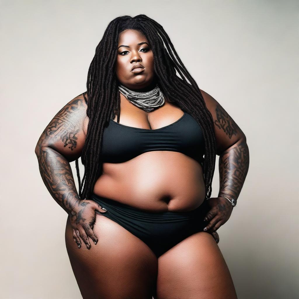 A big plus-size lady with dark skin, wearing leggings and a bikini top