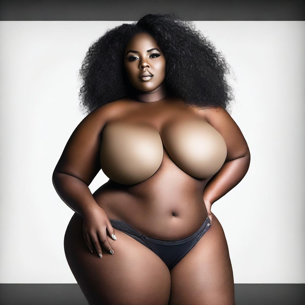 A sexy plus-size lady with dark skin, emphasizing her confidence and beauty