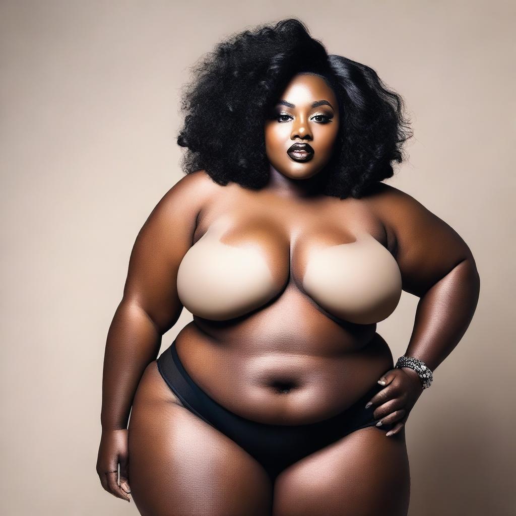 A sexy plus-size lady with dark skin, emphasizing her confidence and beauty