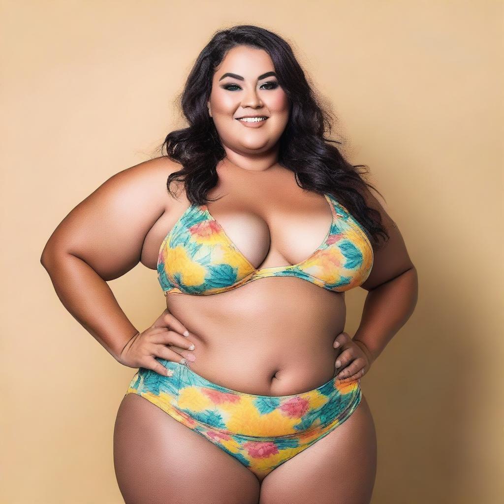 A plus-size lady wearing a bikini, confidently posing and showcasing her beauty