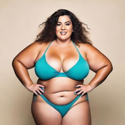 A plus-size lady wearing a bikini, confidently posing and showcasing her beauty