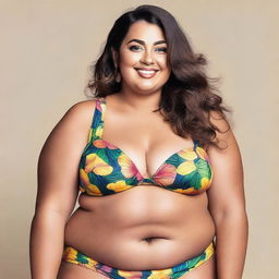 A plus-size lady wearing a bikini, confidently posing and showcasing her beauty