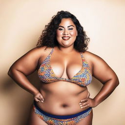 A plus-size lady wearing a bikini, confidently posing and showcasing her beauty