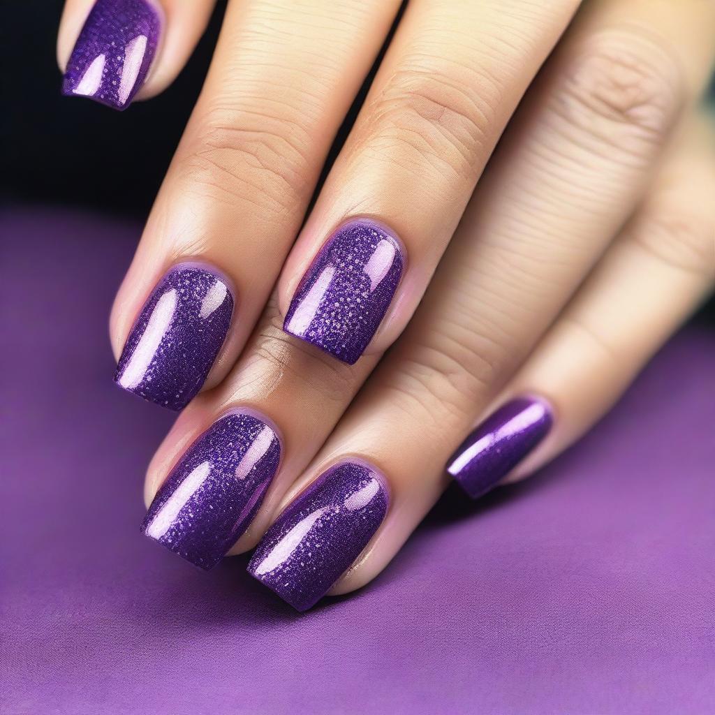 A beautiful manicure featuring purple nail polish with sparkles