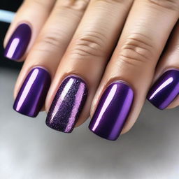 A beautiful manicure featuring purple nail polish with sparkles