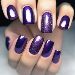 A beautiful manicure featuring purple nail polish with sparkles