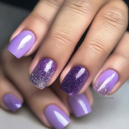 A set of beautifully manicured nails painted in shades of purple and lilac, adorned with glitter