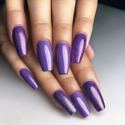 A set of beautifully manicured nails painted in shades of purple and lilac, adorned with glitter