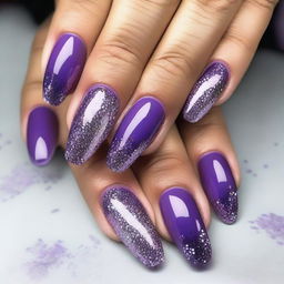 A set of beautifully manicured nails painted in shades of purple and lilac, adorned with glitter