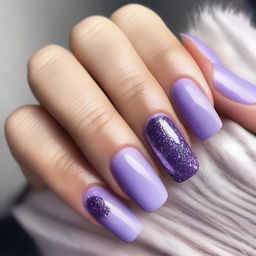 A set of beautifully manicured nails painted in shades of purple and lilac, adorned with glitter