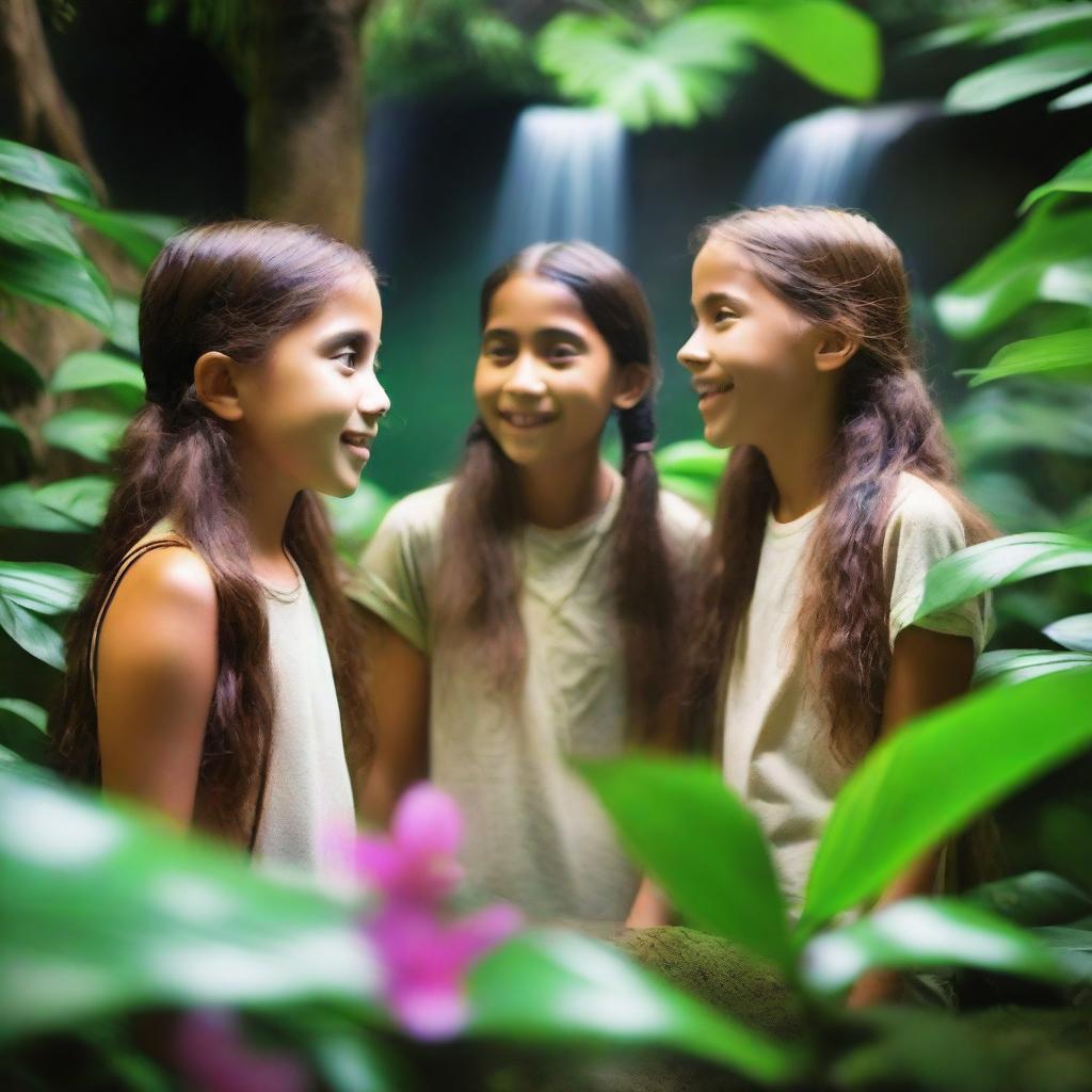 A secret rainforest exhibit inside a nature museum, with lush green plants, exotic flowers, and a small waterfall