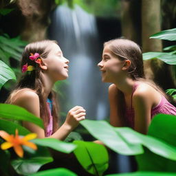 A secret rainforest exhibit inside a nature museum, with lush green plants, exotic flowers, and a small waterfall