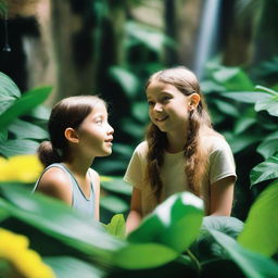 A secret rainforest exhibit inside a nature museum, with lush green plants, exotic flowers, and a small waterfall