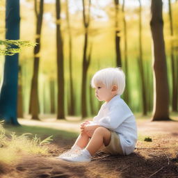 A 5-year-old boy with white hair dressed in white, sitting and looking at a golden-green forest under a blue sky