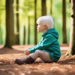 A 5-year-old boy with white hair dressed in white, sitting and looking at a golden-green forest under a blue sky