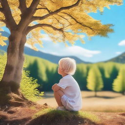 A 5-year-old boy with white hair dressed in white, sitting and looking at a golden-green forest under a blue sky