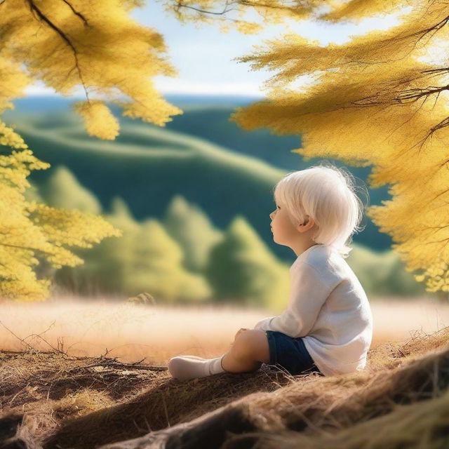 A 5-year-old boy with white hair dressed in white, sitting and looking at a golden-green forest under a blue sky