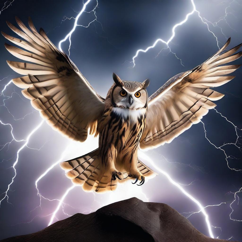 A majestic owl with open wings, holding a sword in its talons