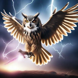 A majestic owl with open wings, holding a sword in its talons