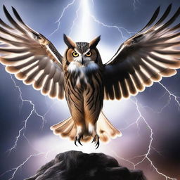 A majestic owl with open wings, holding a sword in its talons