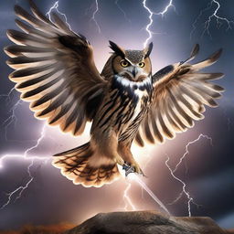 A majestic owl with open wings, holding a sword in its talons