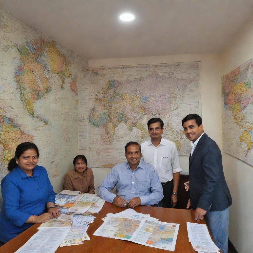 A bustling tour company office named 'Jethalal Tours', full of travel brochures, map-covered walls, busy employees, and a welcoming reception desk.