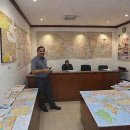 A bustling tour company office named 'Jethalal Tours', full of travel brochures, map-covered walls, busy employees, and a welcoming reception desk.