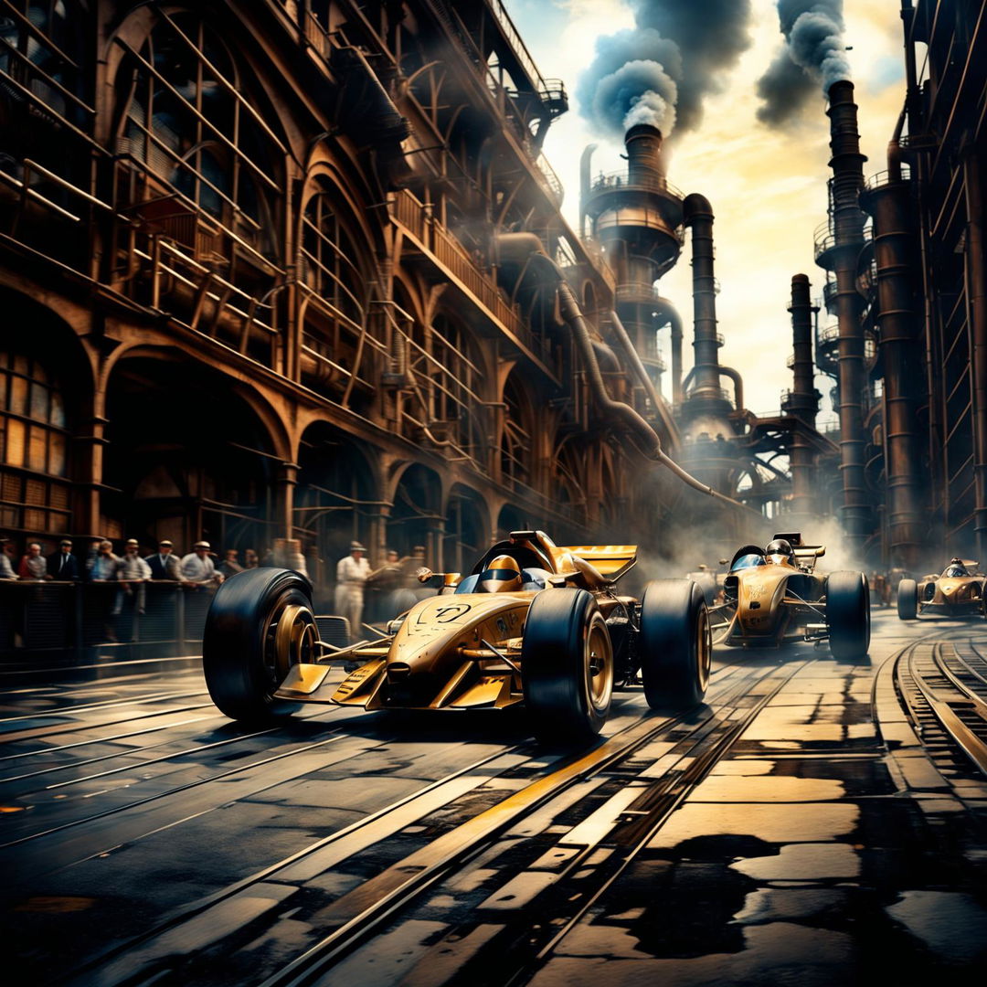 Formula One cars in a Dieselpunk universe, featuring sleek designs with gritty, mechanical aesthetics, racing through an industrial cityscape filled with factories and cobblestone streets