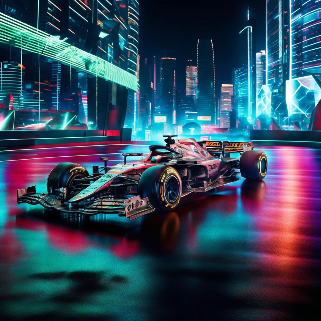 Formula One cars in an Electropunk universe, featuring sleek designs with glowing circuits and transparent panels, racing through a neon-lit futuristic cityscape