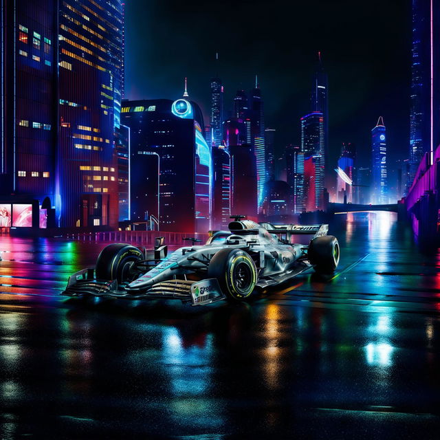 Formula One cars in a Cyberpunk universe, featuring sleek designs with neon accents and exposed circuitry, racing through a dystopian cityscape with neon lights and holographic ads