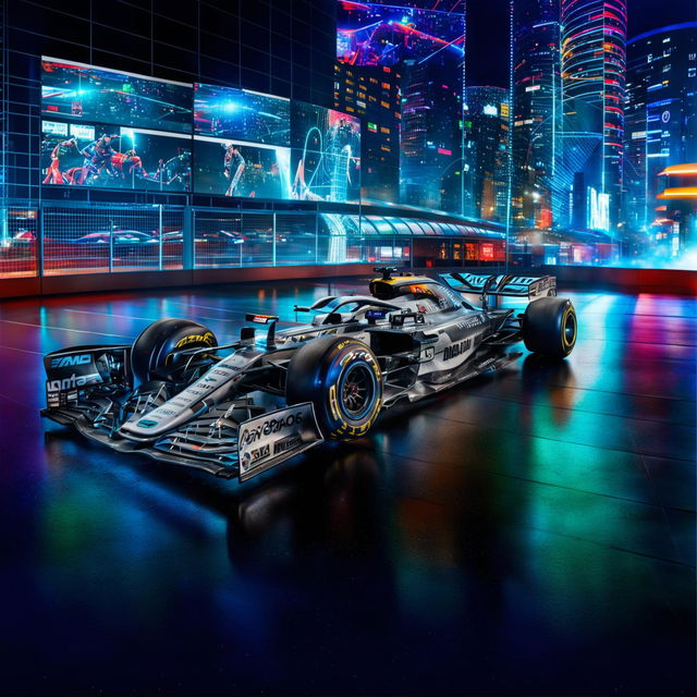 Formula One cars in an Internetpunk universe, featuring sleek designs with LED screens and networked engines, racing through a hyper-connected cityscape with digital billboards and data streams