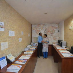 A bustling tour company office named 'Jethalal Tours', full of travel brochures, map-covered walls, busy employees, and a welcoming reception desk.