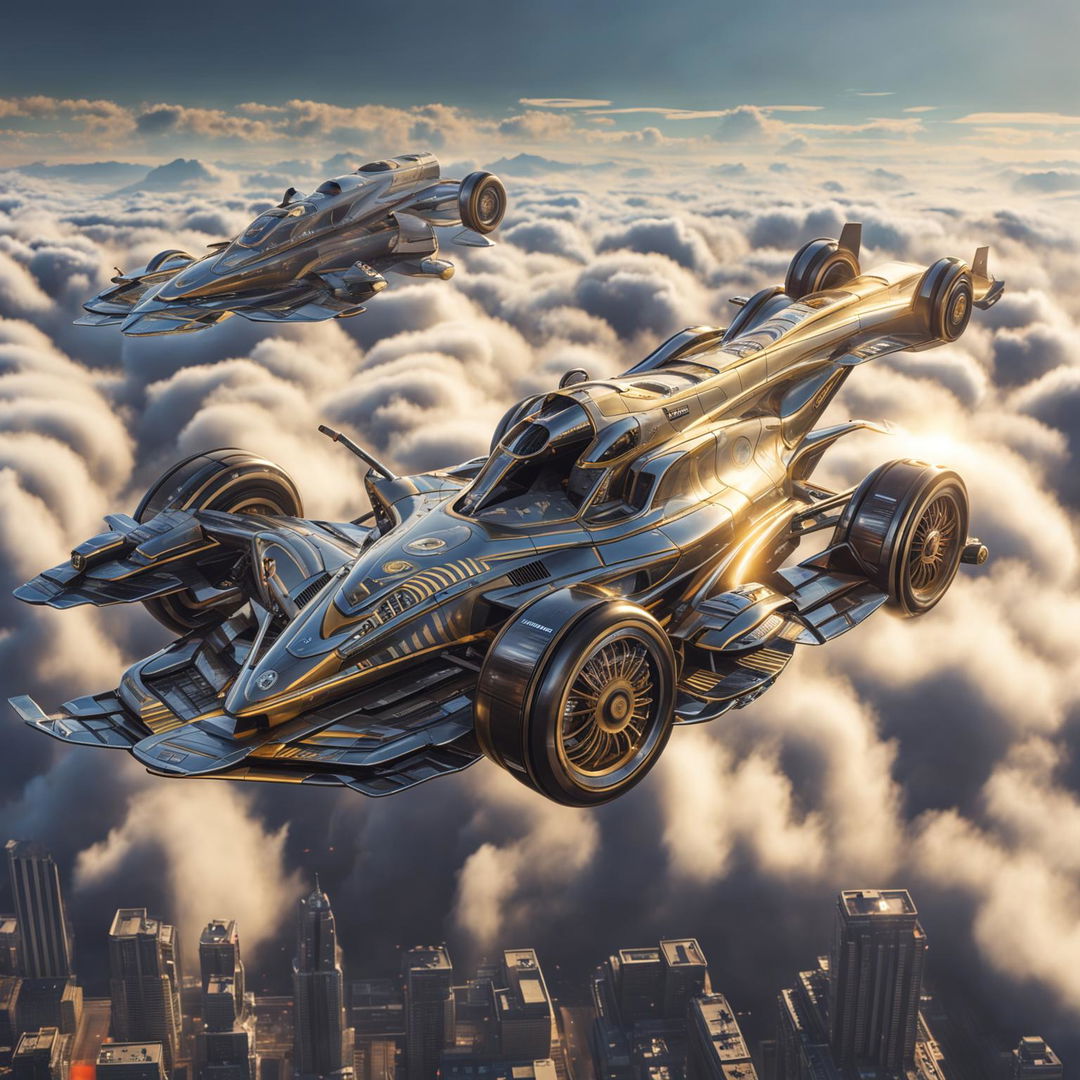 Formula One cars in an Airpunk universe, transformed into sleek air vehicles with wings and thrusters, racing through a sky city with floating platforms and airships