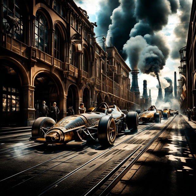 Formula One cars in a Gaspunk universe, featuring mechanical designs with exposed gears and gas-powered engines, racing through an industrial cityscape with smokestacks and steam