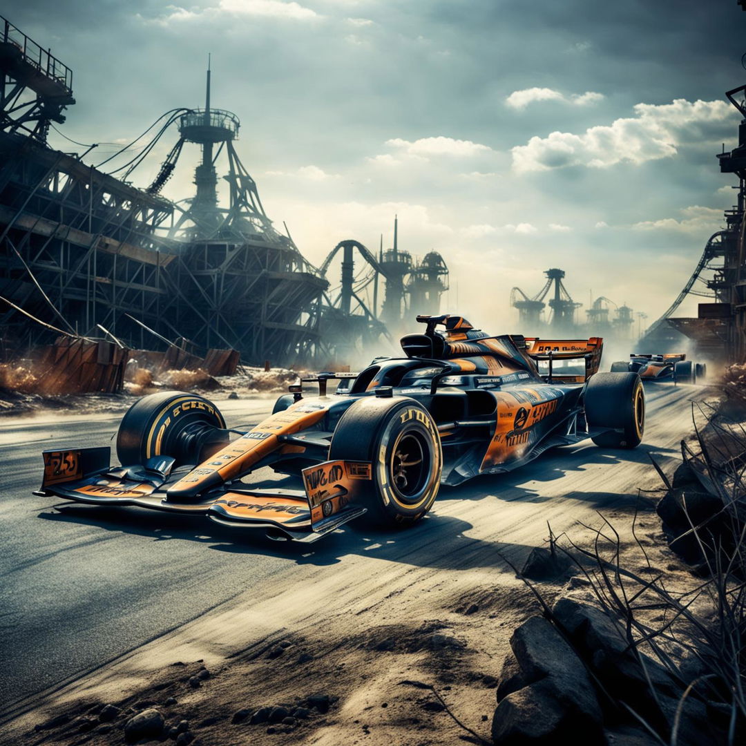 Formula One cars in a Nuclearpunk universe, transformed into armored vehicles with nuclear reactors, racing through a post-apocalyptic landscape with irradiated terrain