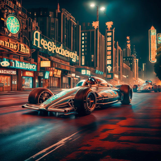 Formula One cars in an Atompunk universe, blending 1950s design with atomic technology, racing through a retro-futuristic cityscape with chrome accents and neon signs