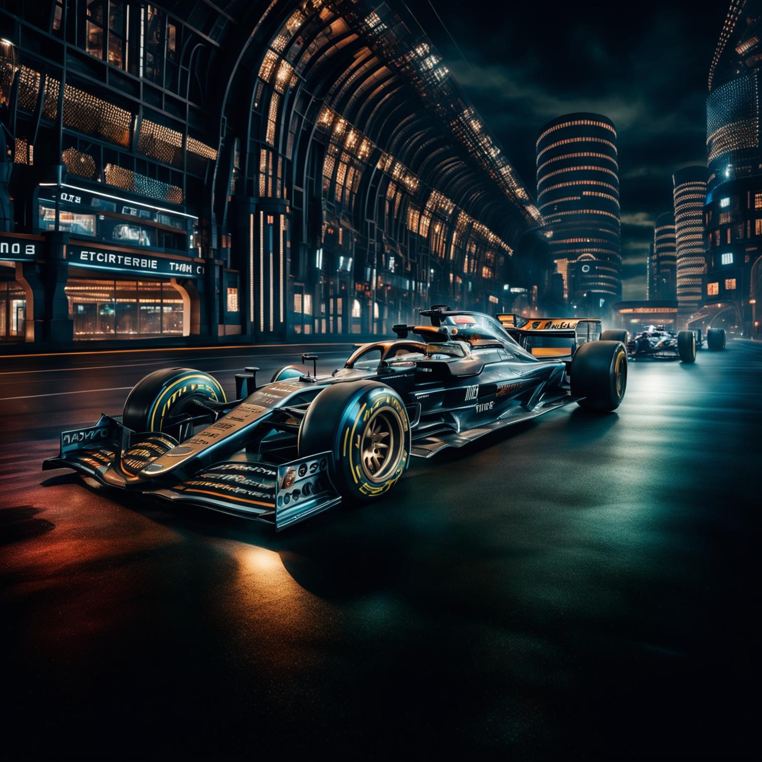 Formula One cars in a Teslapunk universe, featuring advanced electrical engineering with exposed coils and Tesla coils, racing through a futuristic cityscape inspired by Nikola Tesla