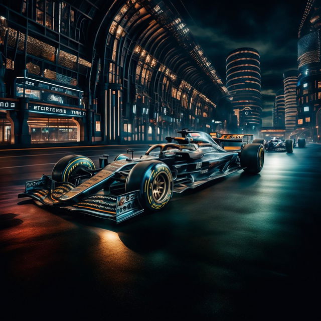 Formula One cars in a Teslapunk universe, featuring advanced electrical engineering with exposed coils and Tesla coils, racing through a futuristic cityscape inspired by Nikola Tesla