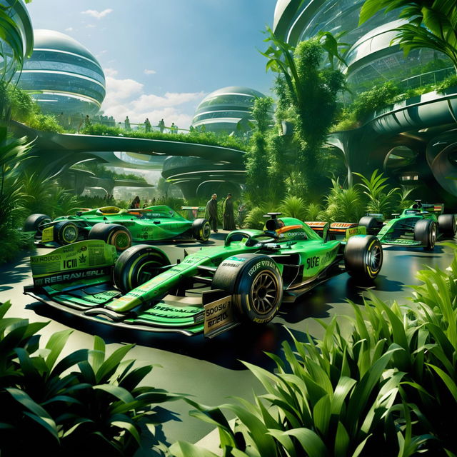 Formula One cars in a Greenpunk universe, featuring eco-friendly designs with biodegradable materials, biofuel engines, and solar panels, racing through a lush, nature-integrated cityscape