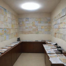 A bustling tour company office named 'Jethalal Tours', full of travel brochures, map-covered walls, busy employees, and a welcoming reception desk.