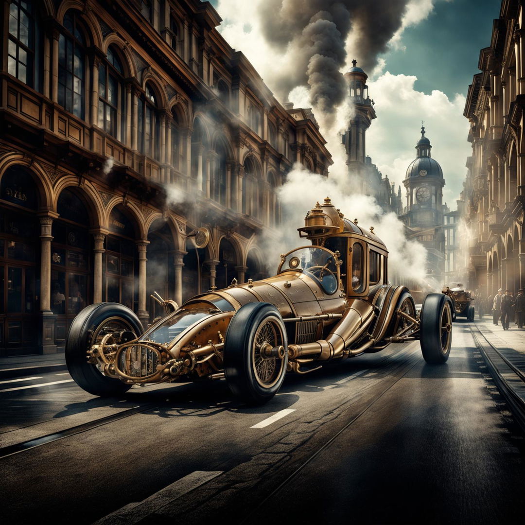 Formula One cars in a Steampunk universe, transformed into steam-powered machines with brass fittings and exposed gears, racing through a Victorian-era cityscape